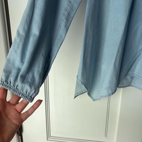 New Directions Sky Blue Light Denim Blouse with Tassel small - Picture 4 of 6